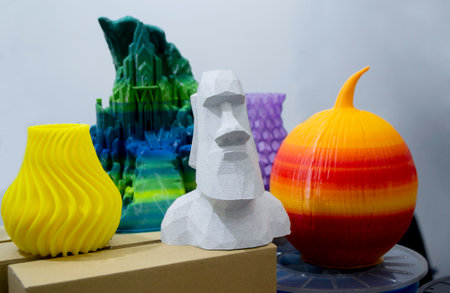 Several different abstract multi-color models printed on a 3D printer on the table