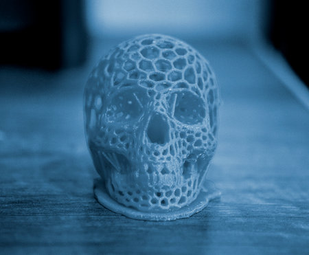 3D printed human skull prototype printed of red plastic close-up.の写真素材