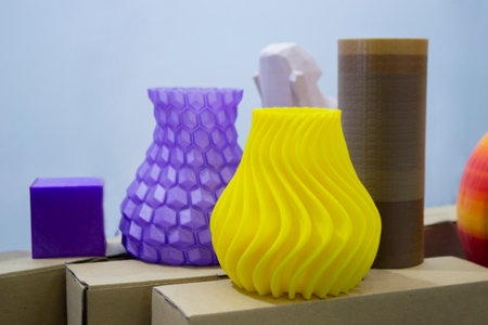 Several different abstract multi-color models printed on a 3D printer on the tableの写真素材