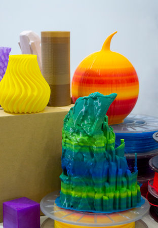Several different abstract multi-color models printed on a 3D printer on the tableの写真素材