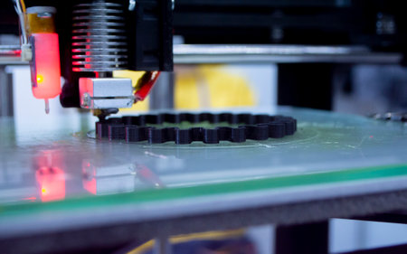 3d printer printing a model close-up. The process of printing a model on a 3D printer made of orange...