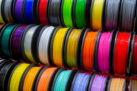 Many multi-colored spools of thread of filament for printing 3d printer. Material coils for printing 3D printer. Spools of 3D printing motley different colors filament. ABS wire plastic for 3d printerの写真素材