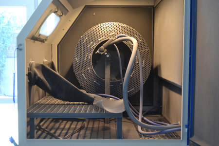Inside Shot blasting machine. Open machine for Shot blasting of objects. Industrial machine, rubber glovesの写真素材