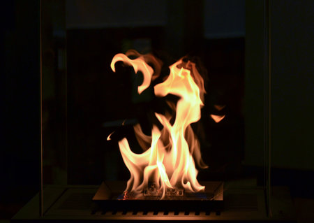 Modern bio fireplot fireplace on ethanol gas. Smart ecological alternative technologies. Contemporary biofuel on ethanol close-up. Energy saving innovation. Interior inside a houseの写真素材