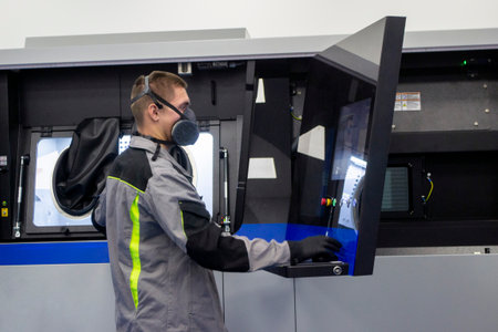 Industrial powder 3d printer for metal and worker man. Man in protective suit standing near window of large 3D printer in laboratory. Hands wearing big black sleeves for sealing Working inside machineの写真素材