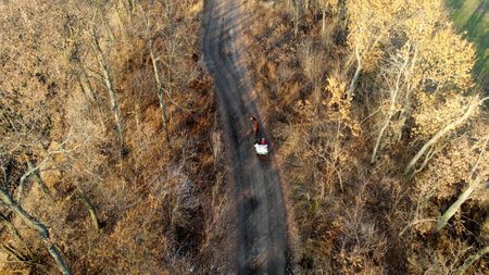 People riding in cart carriage with sacks and horses driving along dirt country road between trees without leaves on autumn sunny day. Rural countryside landscape, country scenery. Aerial drone viewの写真素材
