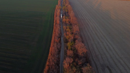 Large white cargo truck and car driving dirt road between agricultural fields countryside on autumn sunset dawn. Top view, aerial drone view. Transport transportation delivery shipping freight cargoの写真素材