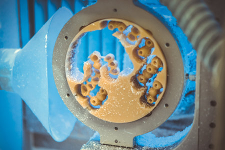 Dental milling machine carving out shape of human teeth close-up. Modern medical technologies. Concept of 4.0 industrial revolutionの写真素材