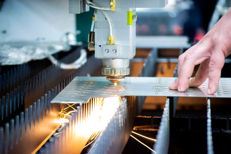 Metal laser cutting. Cutting sheet of metal by laser metal cutting close-up. Industrial equipment machine for cutting metal in factory. Moving head with sparks. Metalwork manufacturing backgroundの写真素材