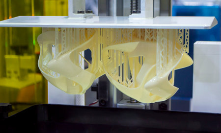 Printed models on 3D printer close-up. Objects printed on photopolymer sla 3D printer from liquid photopolymer resins on printing platform. Modern progressive additive technology. 3D printer printingの写真素材