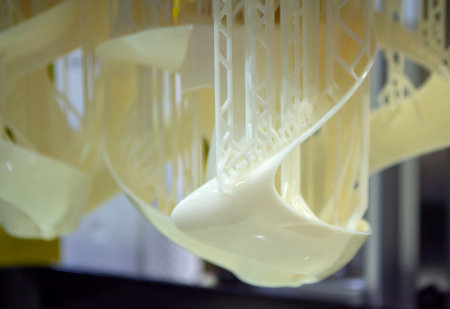 Printed models on 3D printer close-up. Objects printed on photopolymer sla 3D printer from liquid...