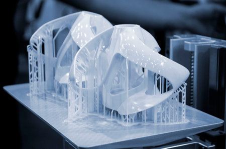 Printed models on 3D printer close-up. Objects printed on photopolymer sla 3D printer from liquid photopolymer resins on printing platform. Modern progressive additive technology. 3D printer printingの写真素材