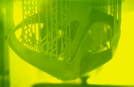 Printed models on 3D printer close-up. Objects printed on photopolymer sla 3D printer from liquid photopolymer resins on printing platform inside 3d printer. Modern progressive additive technology.の写真素材