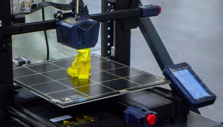 3D printer printing prototype of toy from molten plastic. Process of creating prototype model of toy on 3D printer from yellow melted plastic close-up. Additive new printer technology. Modern printingの写真素材