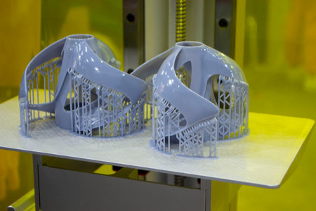 Printed models on 3D printer close-up. Objects printed on photopolymer sla 3D printer from liquid photopolymer resins on printing platform inside 3d printer. Modern progressive additive technology.の写真素材