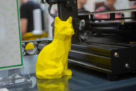 Yellow model printed on a 3D printer from melted plastic on a blue surface. Yellow object printed by a 3D printer on table. Concept new modern innovation printing technologyの写真素材