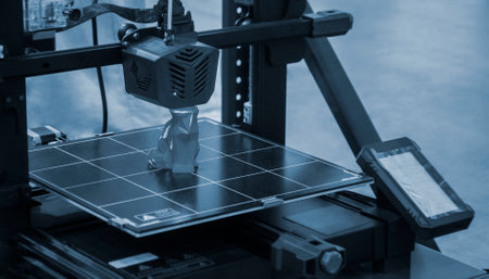 3D printer printing prototype of toy from molten plastic. Process of creating prototype model of toy on 3D printer from yellow melted plastic close-up. Additive new printer technology. Modern printingの写真素材