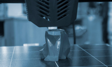 3D printer printing prototype of toy from molten plastic. Process of creating prototype model of toy on 3D printer from yellow melted plastic close-up. Additive new printer technology. Modern printingの写真素材
