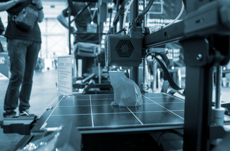3D printer printing prototype of toy from molten plastic. Process of creating prototype model of toy on 3D printer from yellow melted plastic close-up. Additive new printer technology. Modern printingの写真素材