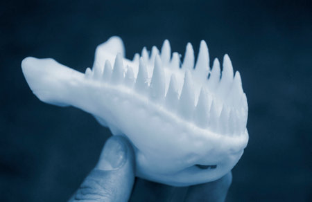 Art object printed on 3D printer. Man holding prototype lower jaw with animal dinosaur skull teeth. Model printed on 3D printer from melted plastic close-up. Modern new innovation printing technologyの写真素材