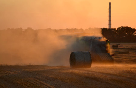 Combine harvester pressing straw from field into bales driving field on sunny summer evening. Field...