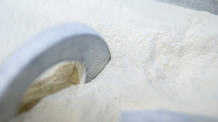 White polyamide powder and object on 3D printed from white polyamide powder close-up. Polyamide powder for creating objects on 3D printer. Additive MJF Multi Jet Fusion technologies. Thermoplasticの写真素材