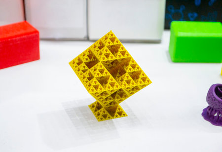 Abstract yellow object printed on 3D printer. Abstract geometric shaped object created by 3D...