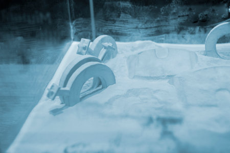 White polyamide powder and object on 3D printed from white polyamide powder close-up. Polyamide powder for creating objects on 3D printer. Additive MJF Multi Jet Fusion technologies. Thermoplasticの写真素材