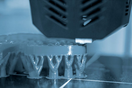 3D printer printing object close-up. Process creating three-dimensional model on 3d printer....
