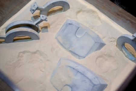 White polyamide powder and object on 3D printed from white polyamide powder close-up. Polyamide...