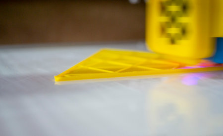 3D printer close up. A working 3D printer in process of printing object from molten plastic. 3D...