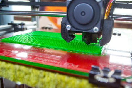 3D printer close up. A working 3D printer in process of printing object from molten plastic. 3D...