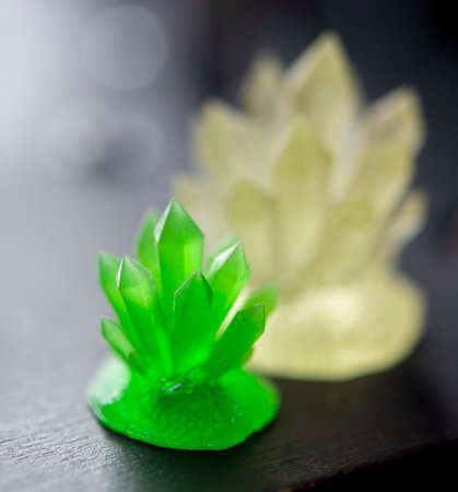 Detailed models in the form of crystals printed on 3D printer from polymer close-up. Detailed object...