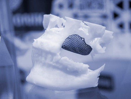 Prototype of human jaw with medical titanium implant from biocompatible titanium printed on 3D...