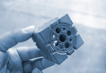 A person holding in his hand an object printed on a 3D printer. Geometric model printed on a 3D...