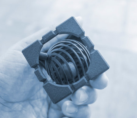 A person holding in his hand an object printed on a 3D printer. Geometric model printed on a 3D...