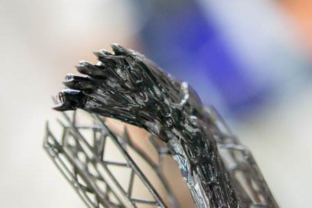 Model of leg printed on a 3D printer from black rubber, close-up. Part of an object created on a 3D printer from hardened rubber under the influence of ultraviolet light. SLA 3D printing technology.の写真素材