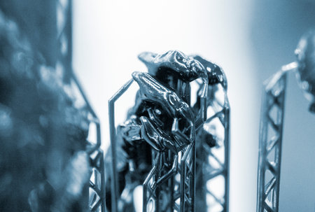 Model of hand printed on a 3D printer from black rubber, close-up. Part of an object created on a 3D printer from hardened rubber under the influence of ultraviolet light. SLA 3D printing technology.の写真素材