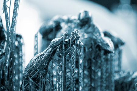 Model of hand printed on a 3D printer from black rubber, close-up. Part of an object created on a 3D printer from hardened rubber under the influence of ultraviolet light. SLA 3D printing technology.の写真素材