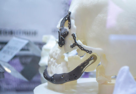 Prototype of human skull from white plastic with titanium implants in form of plates and surgical...