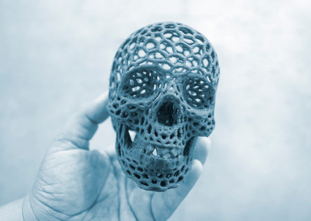 The person is holding in his hand a prototype of a human skull printed on a 3D printer. Gray human...