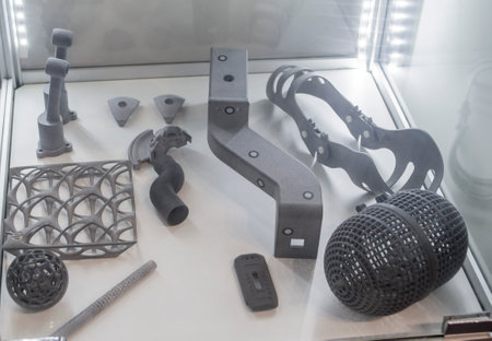 Various objects printed on a 3D printer from molten plastic powder. Different models printed on 3D...
