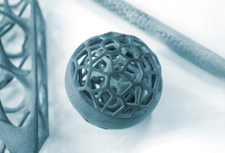 Object printed on a 3D printer from molten plastic powder. Model printed on 3D printer from melted black polyamide powder. New additive 3D printing Multi Jet Fusion MJF technologyの写真素材