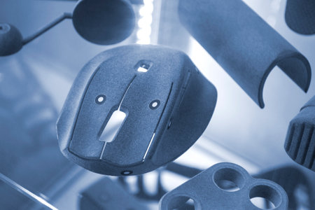 Various objects printed on a 3D printer from molten plastic powder. Different models printed on 3D printer from melted grey polyamide powder. New additive 3D printing Multi Jet Fusion MJF technologyの写真素材