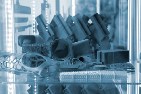 Various objects printed on a 3D printer from molten plastic powder. Different models printed on 3D printer from melted black polyamide powder. New additive 3D printing Multi Jet Fusion MJF technologyの写真素材