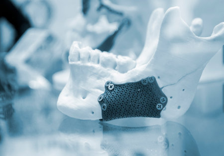 Prototype of lower human jaw with medical titanium implant from biocompatible titanium printed on 3D printer. Maxillo-facial prosthesis anatomical human bone from metal powderの写真素材