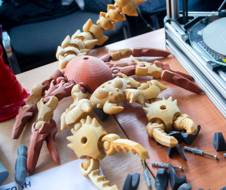 Object printed on 3D printer. Abstract toy yellow brown crab with many different detailed parts on table and created on 3d printer. Concept FDM 3D Printing. Additive modern new progressive technologyの写真素材