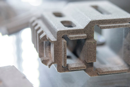 Object printed on a 3D printer from molten plastic powder close-up. Model printed on 3D printer from...