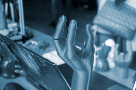 Three-dimensional object printed on 3D printer. Abstract interior model human hand with fingers created on 3d printer. Concept FDM 3D Printing technologies. Additive modern new progressive technologyの写真素材