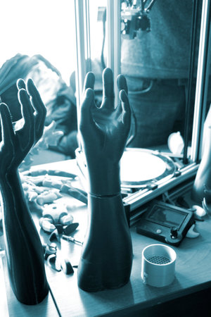 Three-dimensional object printed on 3D printer. Abstract interior model human hand with fingers...